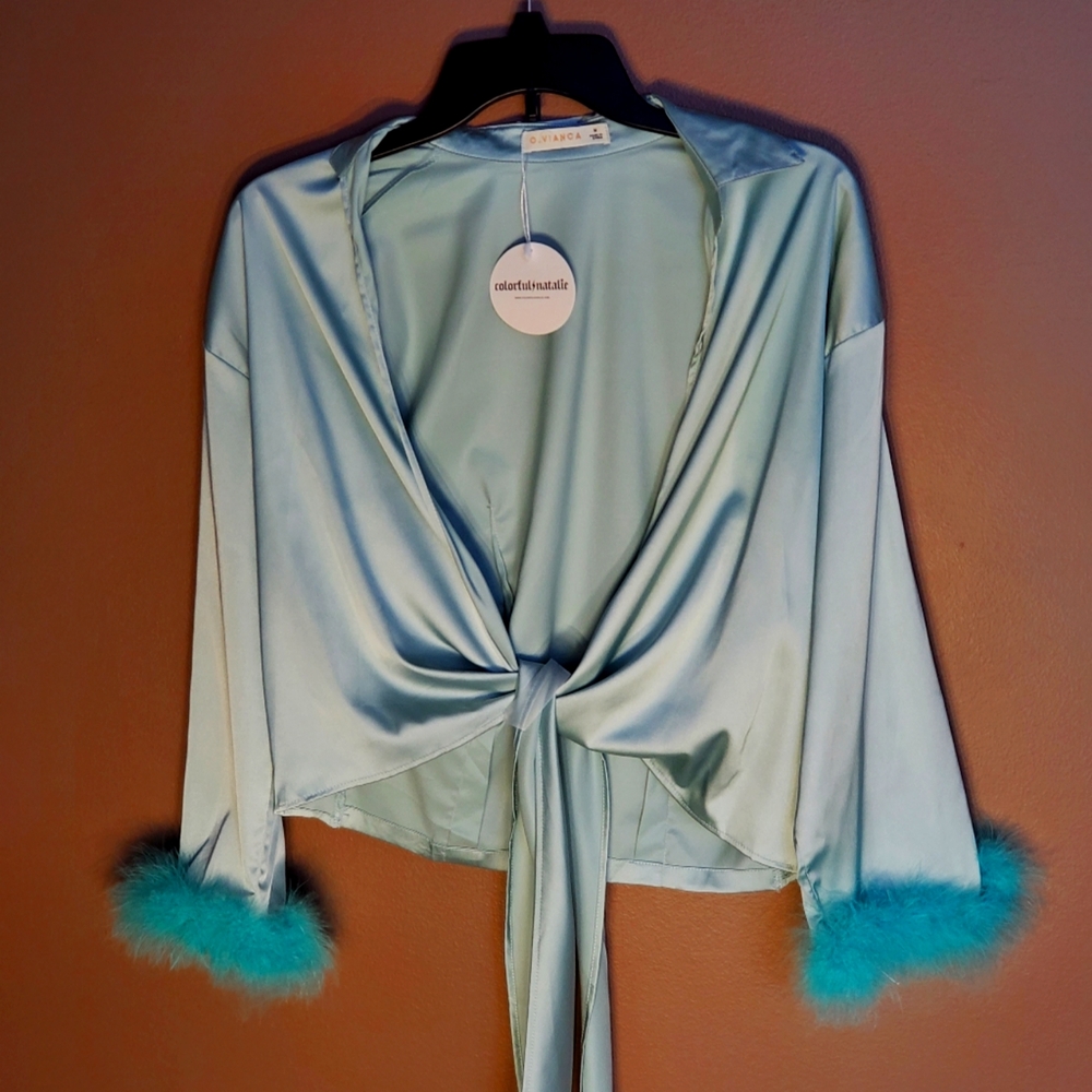 Colorful Natalie Flowy Satin Blouse with Fuzzy Trim Sleeves